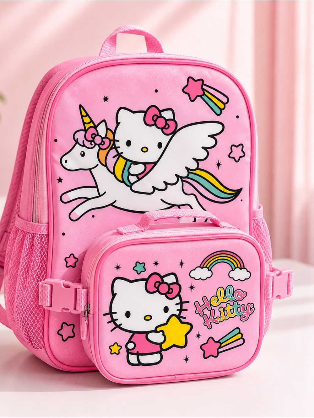 Hello Kitty Pink Backpack and Matching Lunch Bag with Rainbow Unicorn